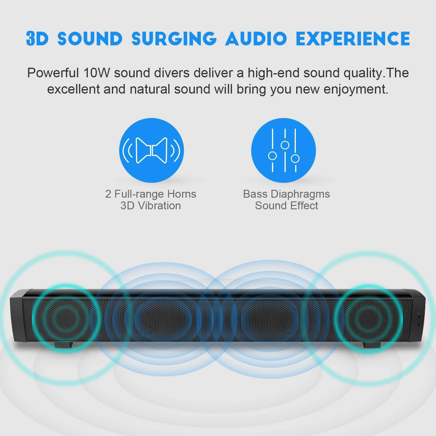 Computer Speakers, Wired & Wireless PC Sound bar, Stereo USB Powered Rechargeable Mini Desktop Sound Bar for Laptop, Monitor Speakers for Gaming/Ipad/Tablet/Cellphones