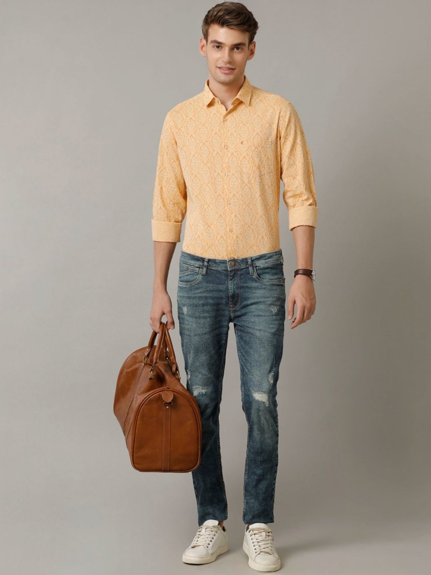 Cavallo By Linen Club Orange Linen Contemporary Fit Printed Shirt