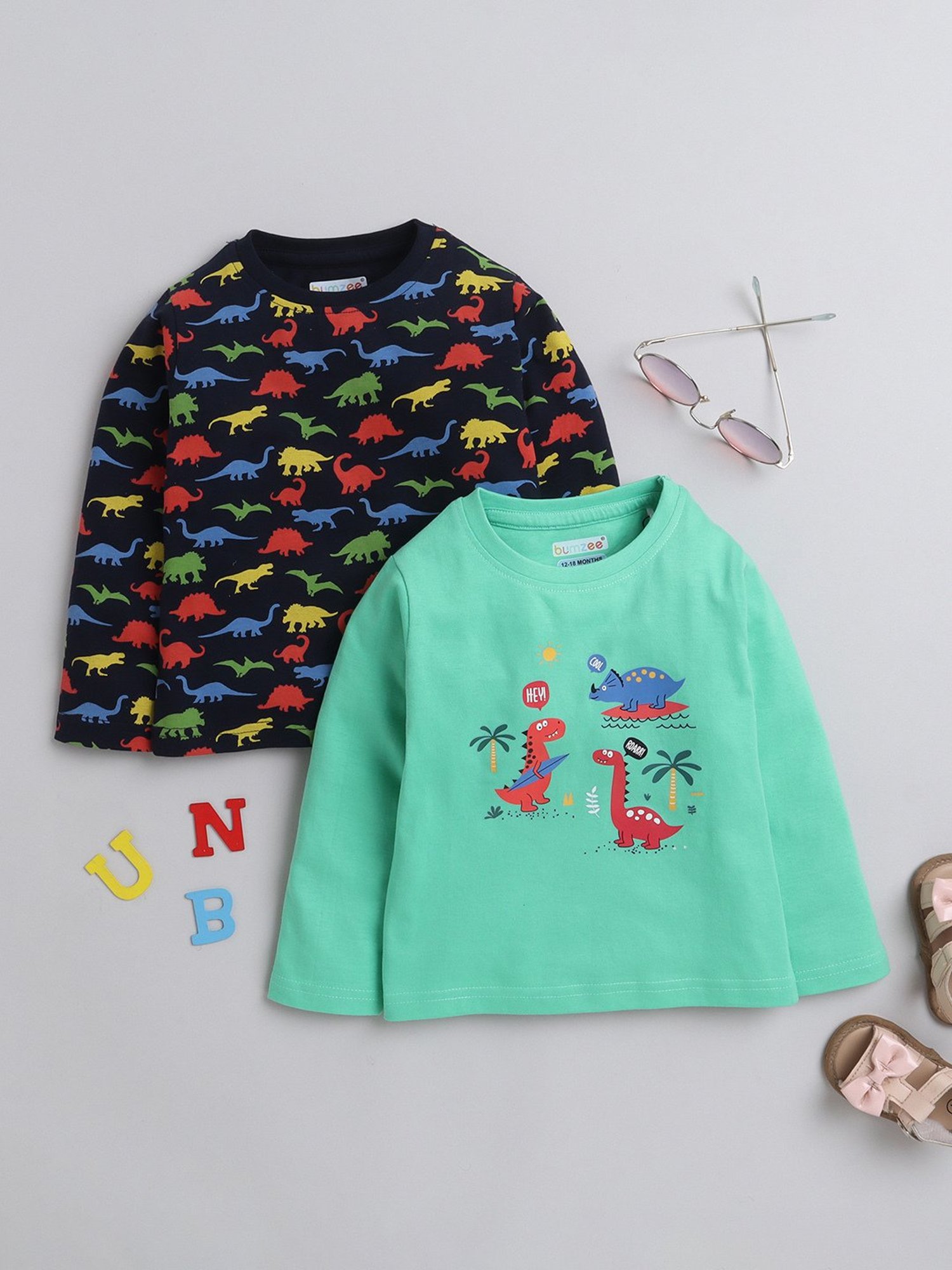 Bumzee Kids Navy & Green Printed Full Sleeves T-Shirt (Pack Of 2)