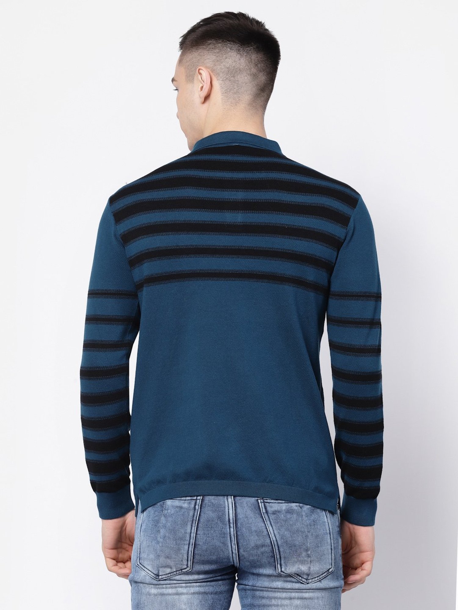 Kalt Teal & Black Regular Fit Striped Polo T-Shirt