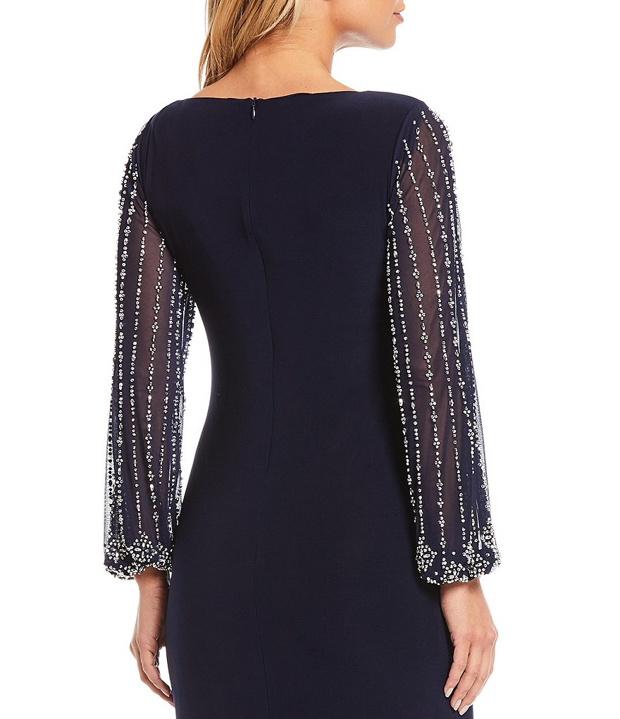 Marina Bateau Neck Long Beaded Sleeve Matte Jersey Gown