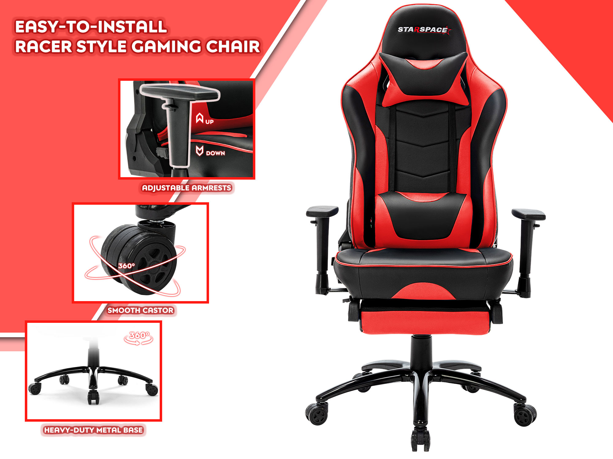 STARSPACE Ergonomic Adjustable Gaming Chair with Massage and Footrest Lumbar Support Racing Desk Chair Office Chair