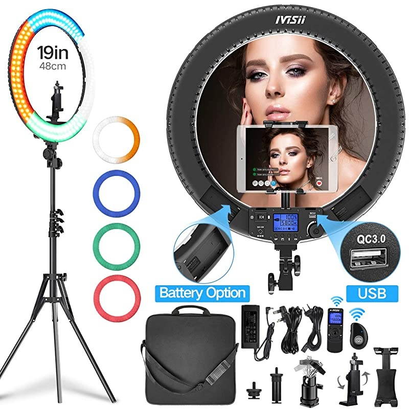 19 inch Ring Light with Remote Controller and Stand ipad Holder,60W Bi-Color with 4 Color Soft Filters for Live Stream/Makeup/YouTube Video/TikTok/Zoom/Photography