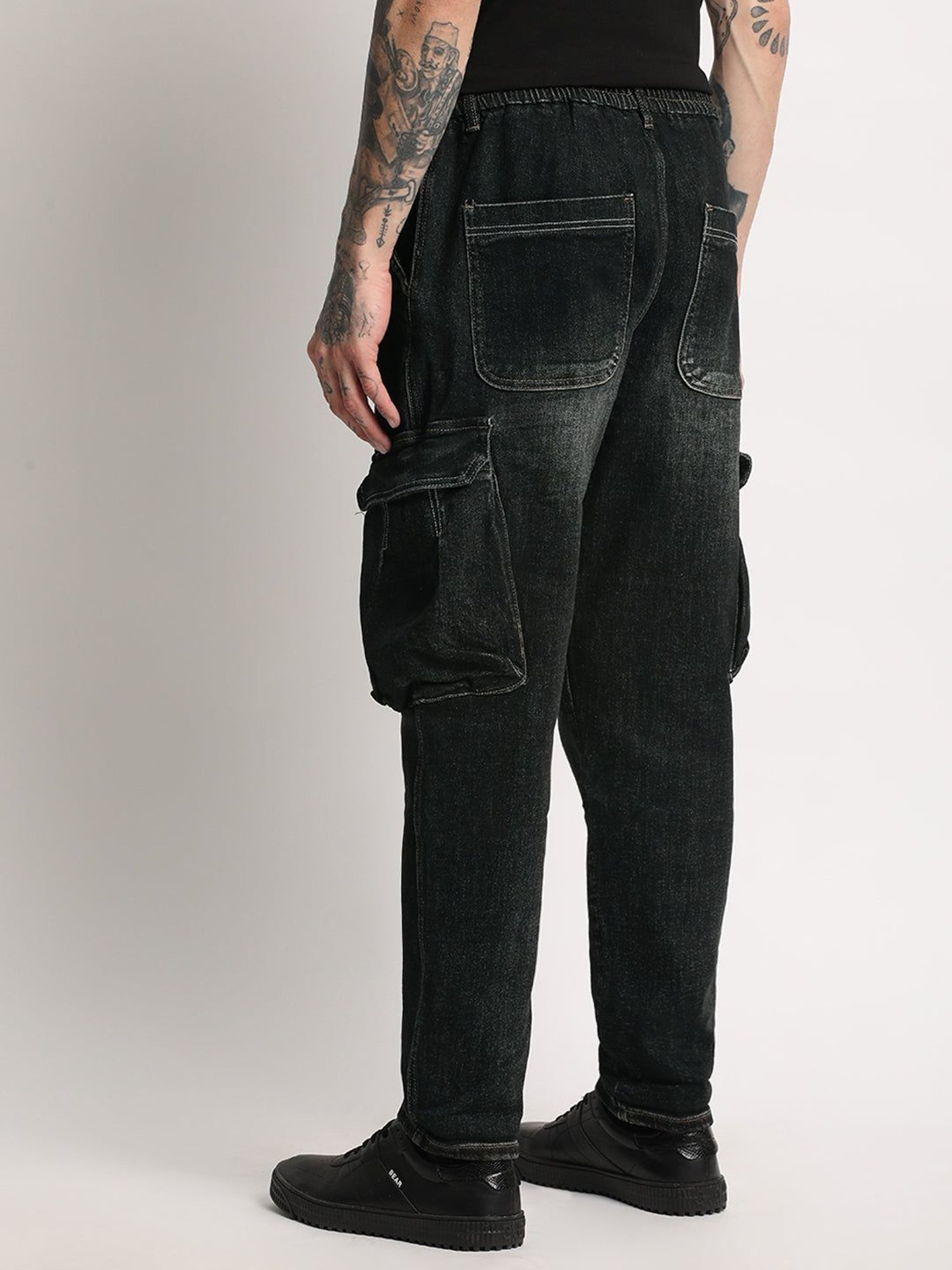 The Bear House Black Cotton Regular Fit Cargo Jeans