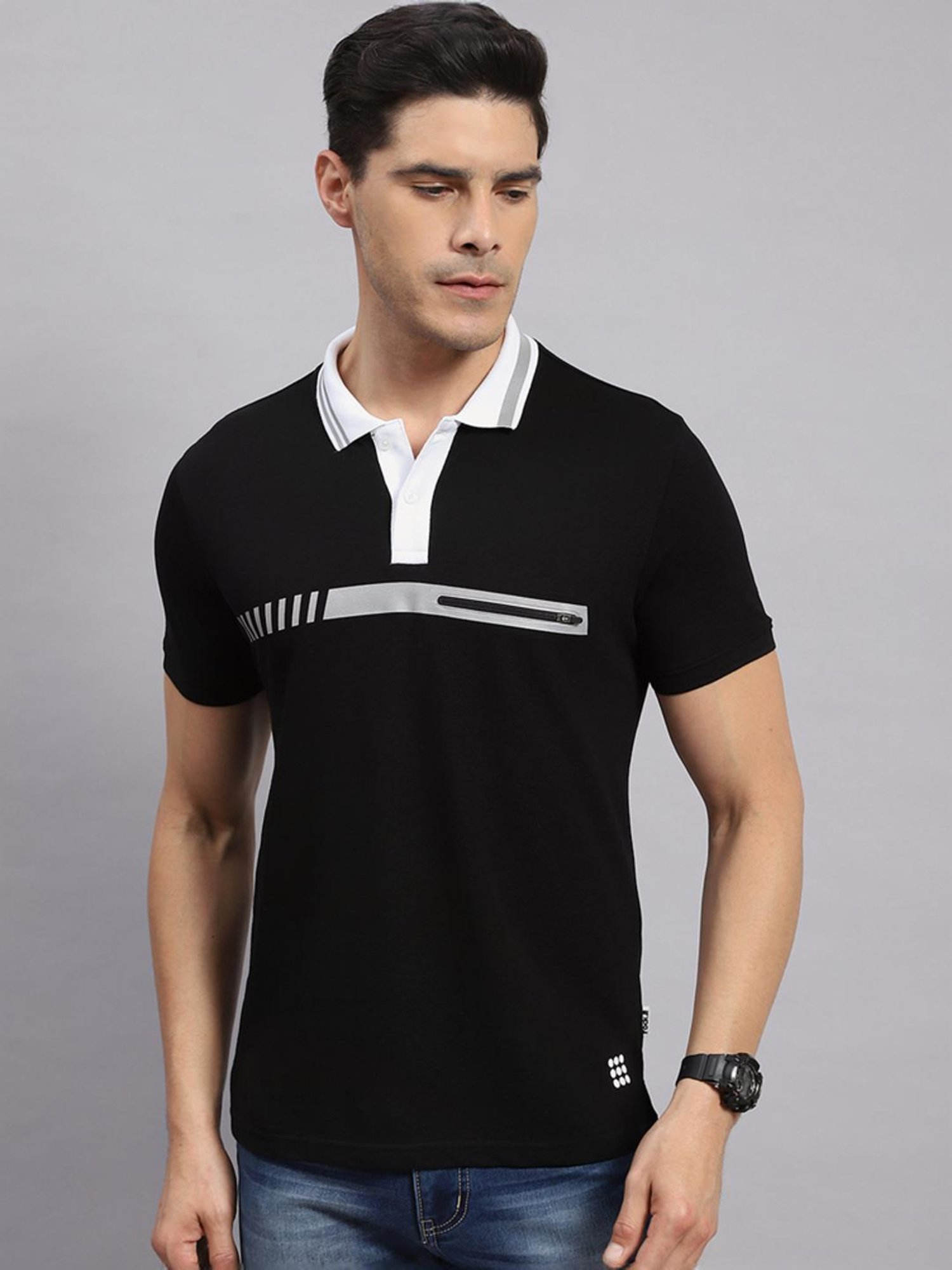 Rock.it Black Cotton Regular Fit Printed Polo T-Shirt
