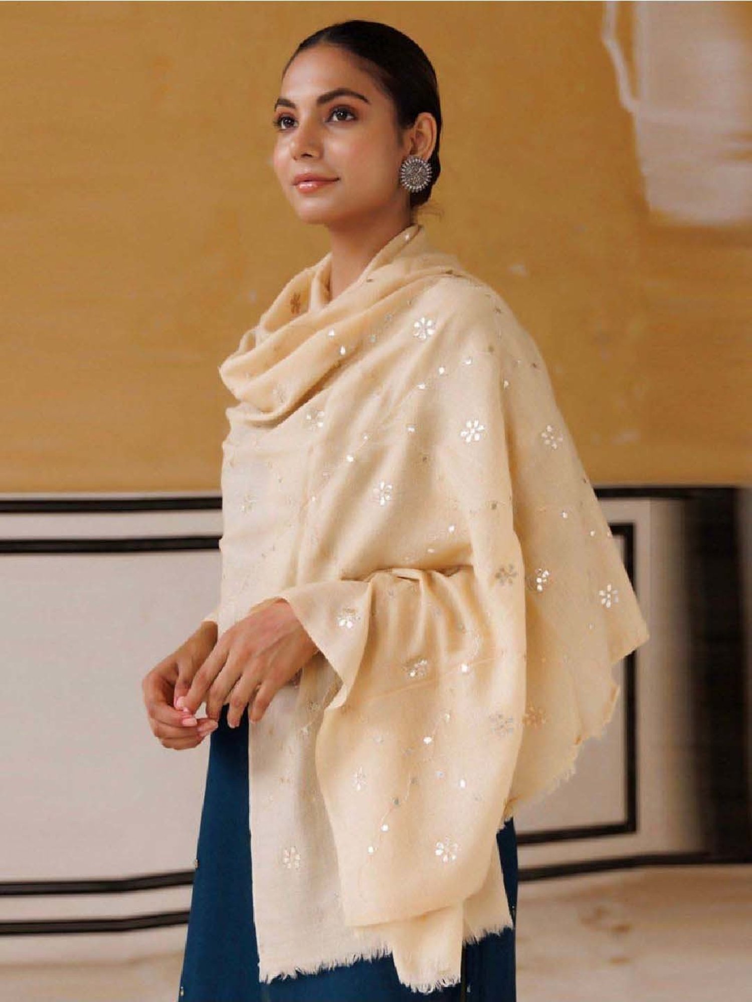 Geroo Jaipur Beige Hand Embroidered Gota Patti Woolen Shawl