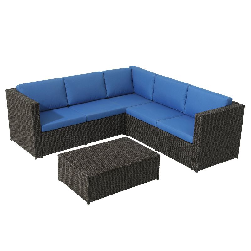 4pc Wicker Rattan Patio Sofa Set with Blue Cushions - Accent Furniture