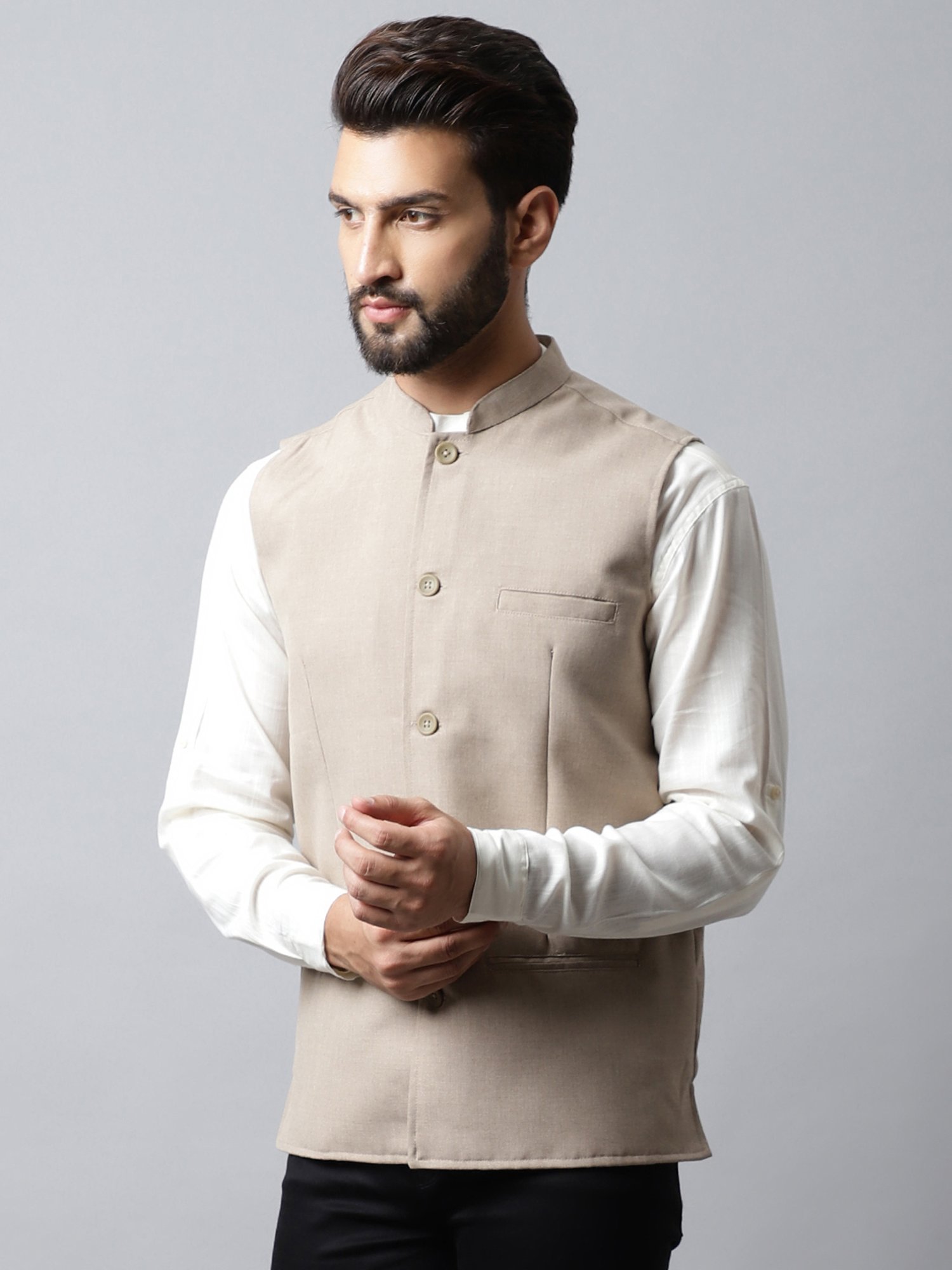 Even Light Brown Regular Fit Mandarin Collar Nehru Jacket