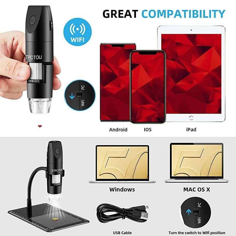 Wireless Digital Microscope USB 50X-1000X 2MP 1080P Handheld Portable Mini WiFi Microscope Camera with 8 LED Lights for iPhone/iPad/Mac/Android Phone/Tablet/PC