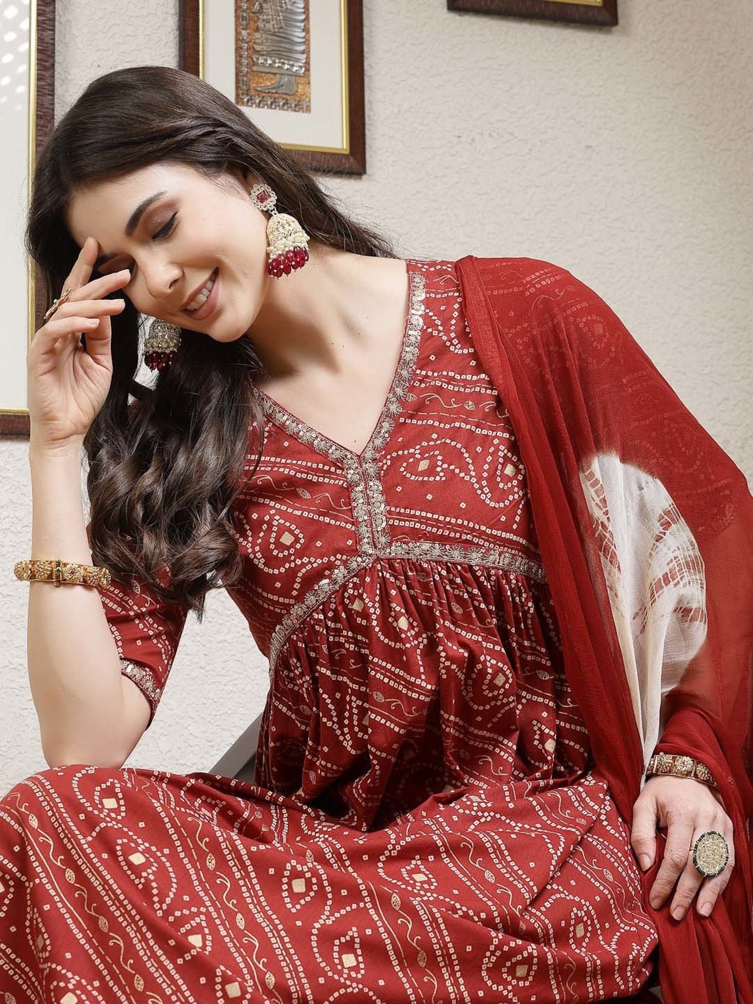 Stylum Rust Printed Kurta Palazzo Set With Dupatta