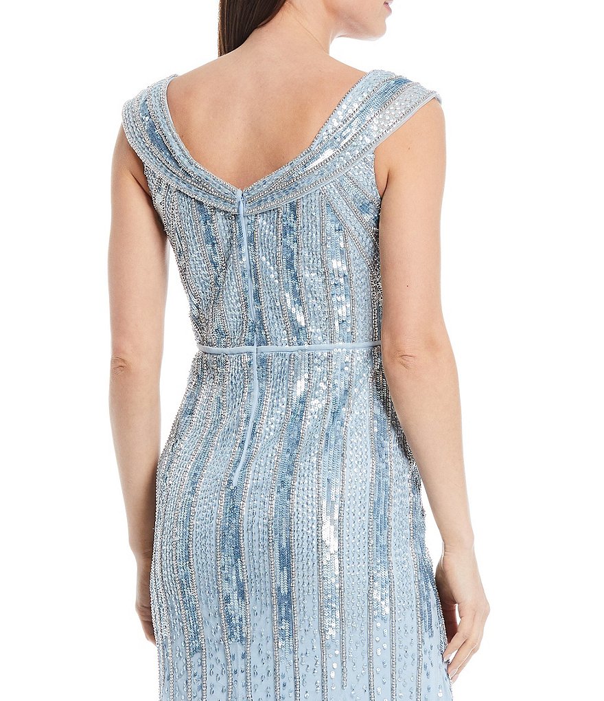 Aidan Mattox Off-the-Shoulder Mermaid V-Neck Beaded Mesh Godet Gown