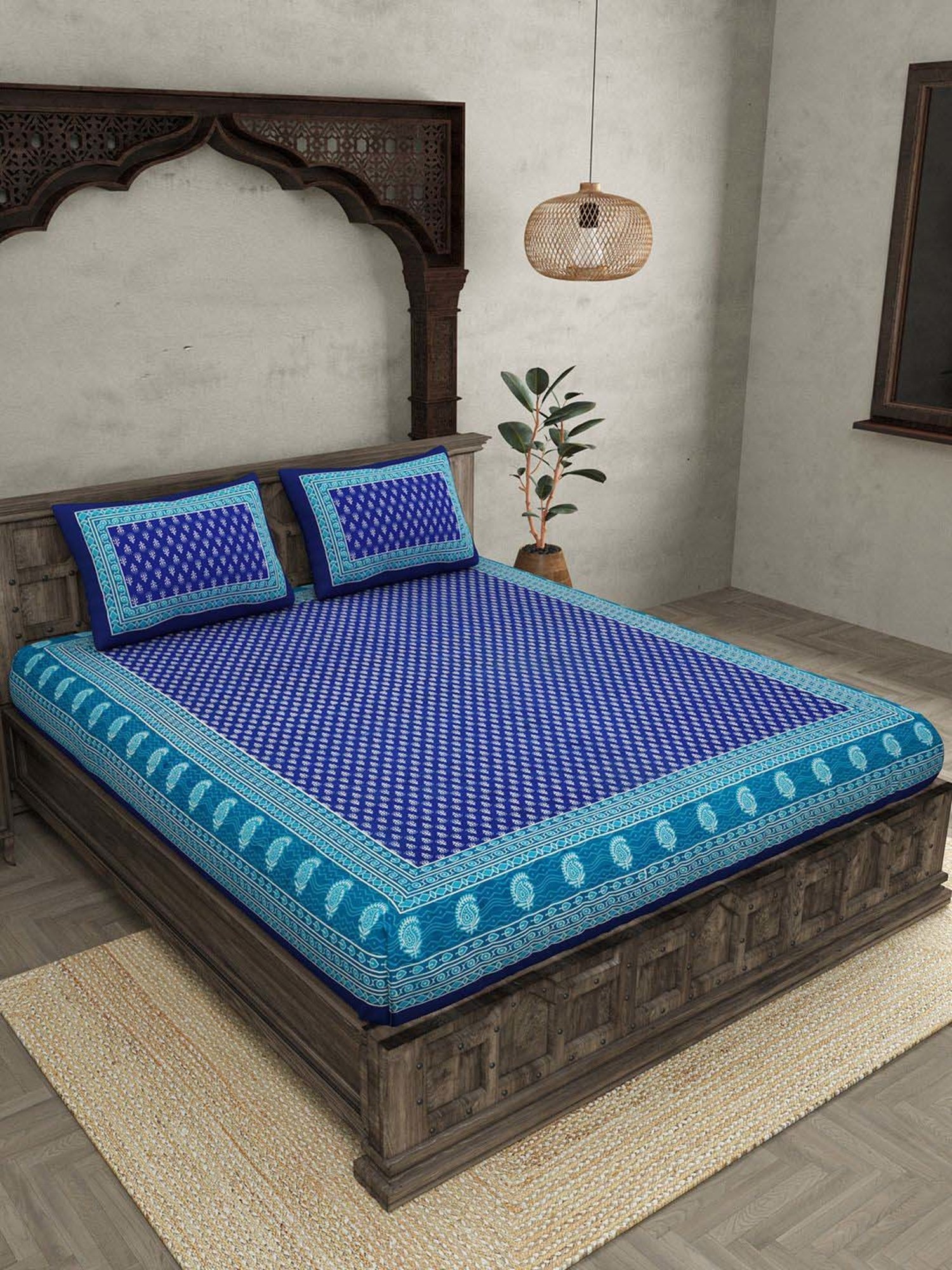 JaipurFabric Navy 100% Pure Cotton 120 TC Double Bedsheet with 2 Pillow Covers