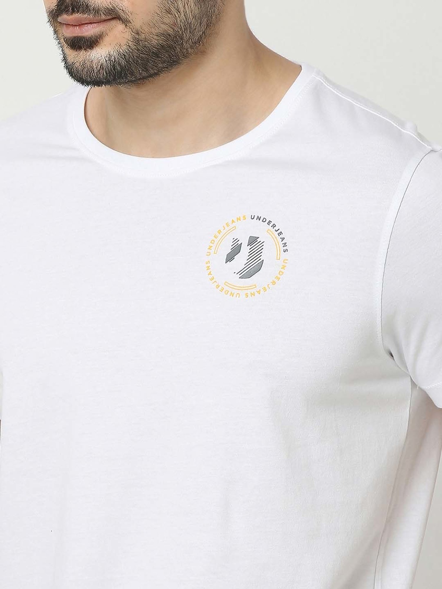 UnderJeans by Spykar White Regular Fit Logo Print Cotton Crew T-Shirt