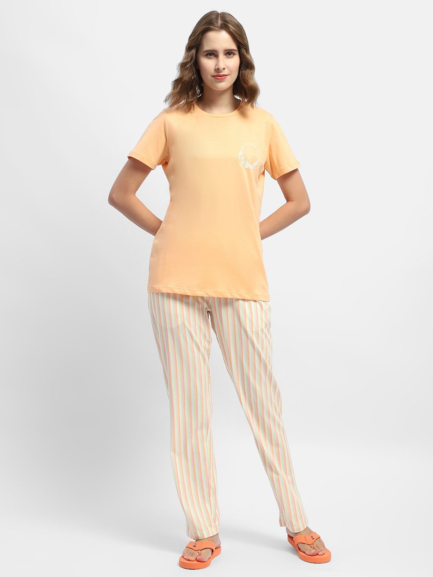 MADAME M Secret Orange Cotton Striped T-Shirt With Pyjamas
