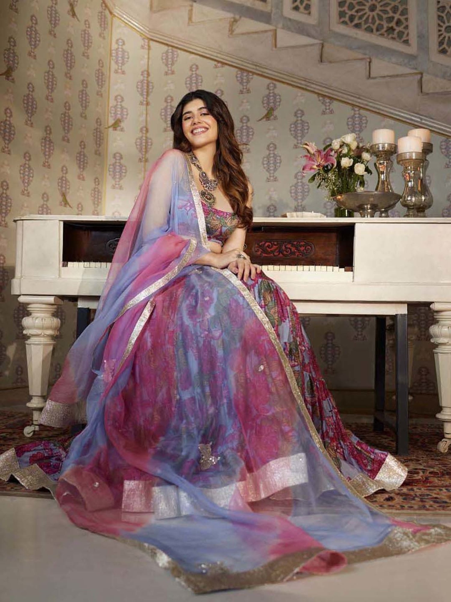 AACHHO Grey Floral Print Lehenga Choli Set With Dupatta