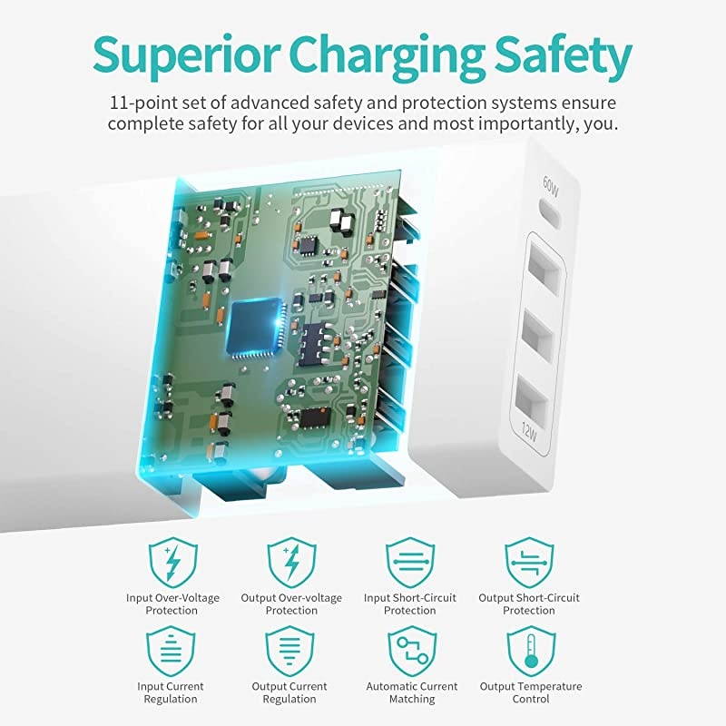 USB C Wall Charger Station  72W 4 Port Type C Charger with 60W Power Delivery Supply Adapter for MacBook ProAir Dell XPS iPad Pro 2018 iPhone Max Pixel S10S9 and MoreWhite