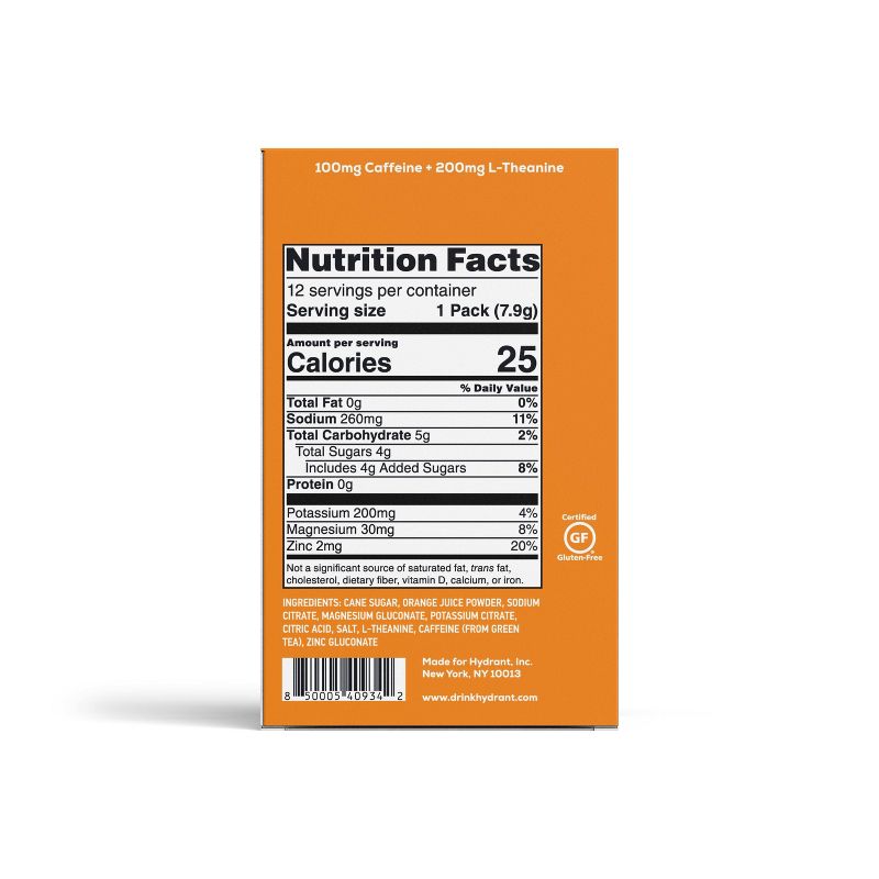 Hydrant Energy Electrolyte Rapid Hydration Powder Packets Drink Mix with Caffeine - Orange - 12ct