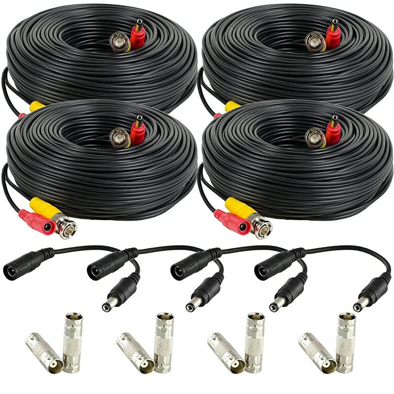 4Pack 100 Feet PreMade AllinOne Siamese BNC Video and Power CCTV Security Camera Cable with Two Female Connectors for 960H amp HDCVI Camera and DVR SCABLEHD100B4pack