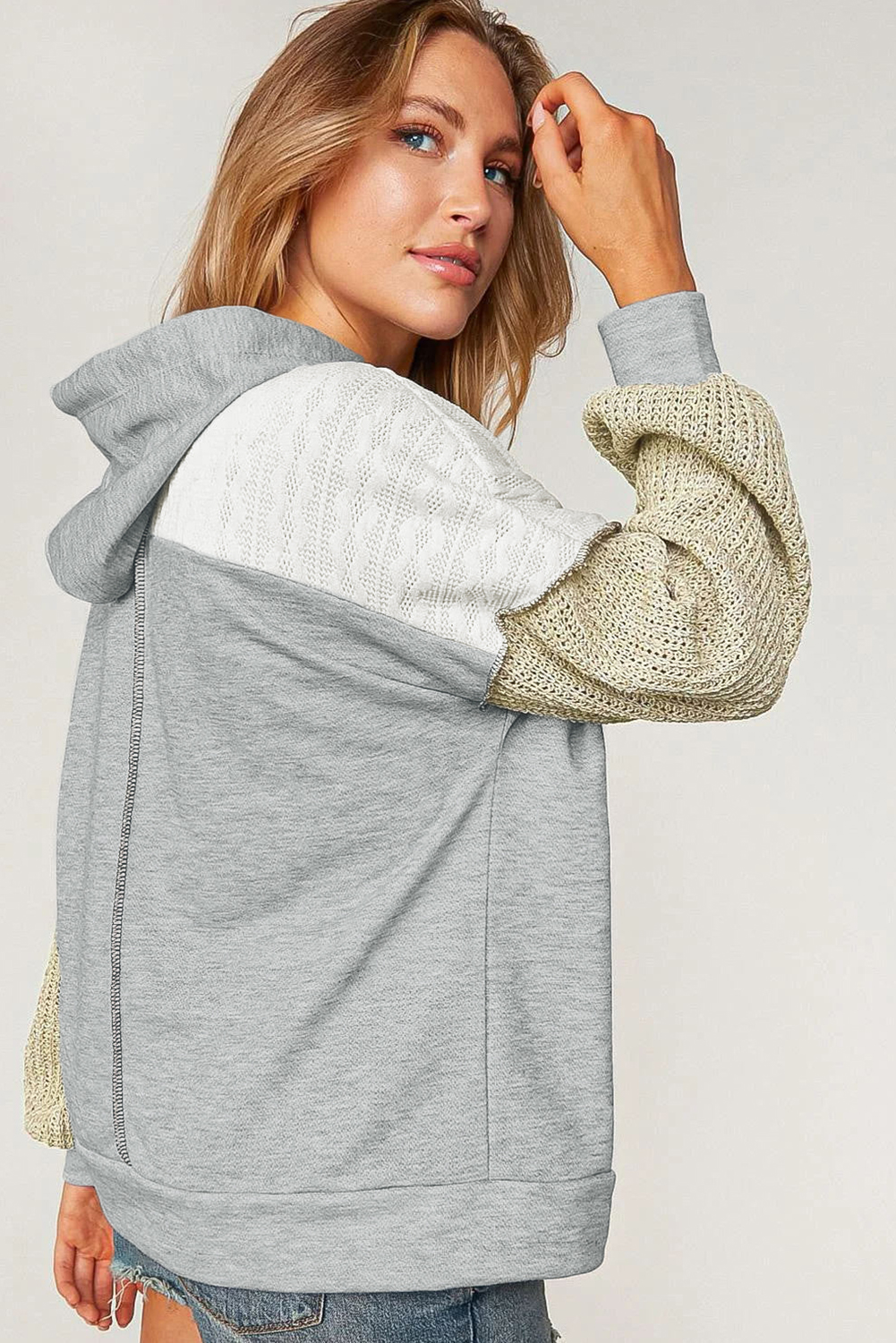 Grey Color Block Exposed Seam Pullover Hoodie for Women