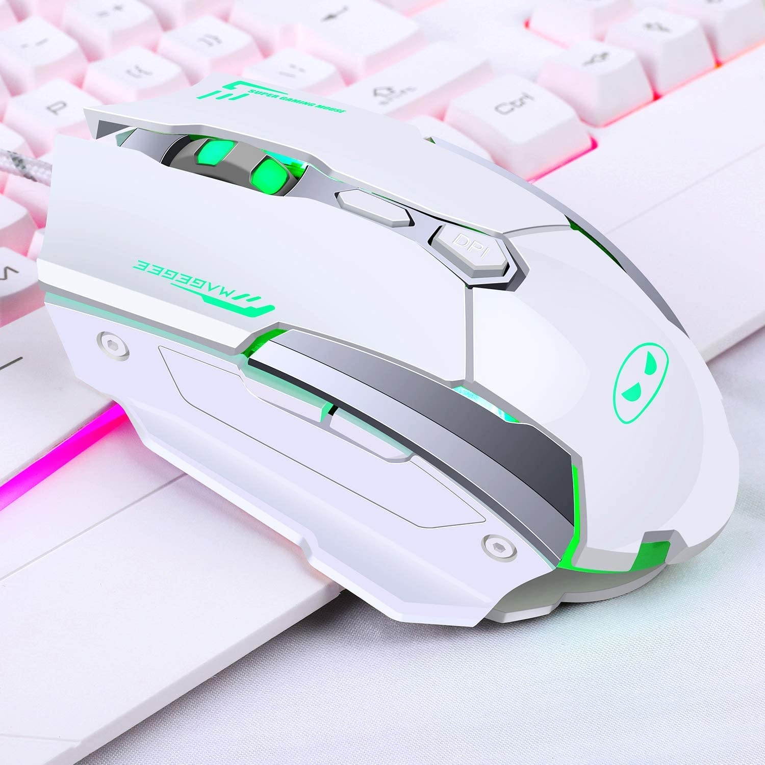 PC Gaming Keyboard and Mouse Combo, GK806 LED Rainbow Backlit USB Keyboard and Mouse Set, G7 Gaming Mouse and Keyboard 104 Key Computer PC Gaming Keyboard with Wrist Rest-White