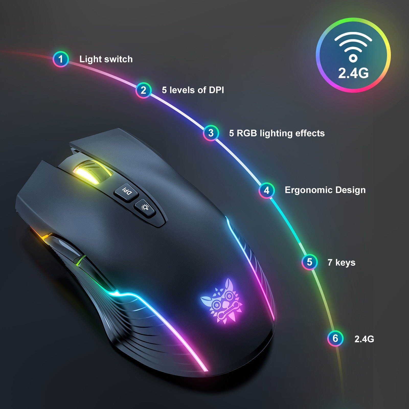 ONIKUMA CW905 2.4G Wireless Gaming Mouse RGB Backlit E-sports Mouse Optical Computer Mice 5 Adjustable DPI with 7 Programmable Buttons for Laptop Desktop PC Computer