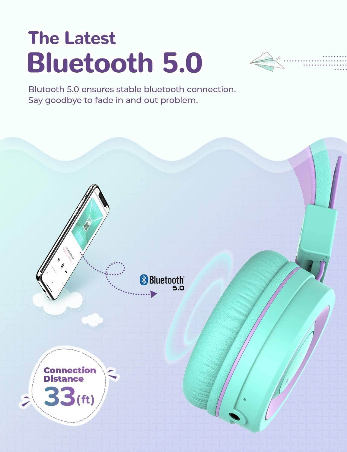 iClever Kids Bluetooth Headphones - Headphones for Kids with MIC, Volume Control Adjustable Headband, Foldable - Childrens Headphones on Ear for iPad Tablet Kindle Airplane School,Green/Purple