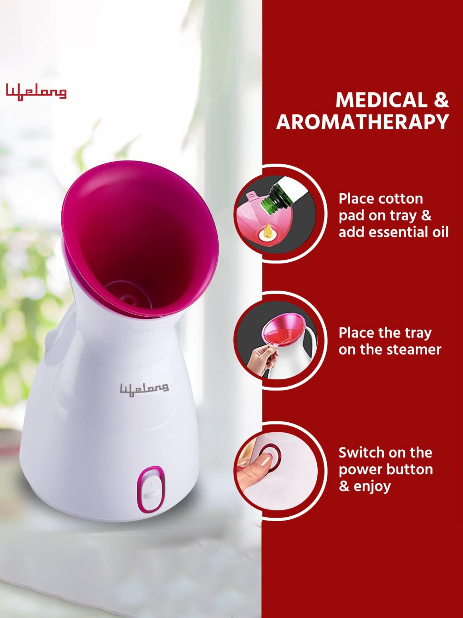 Lifelong LLS45 Warm Mist Cough, Cold and Moisturising Facial Steamer with UV Sterilisation (Pink)