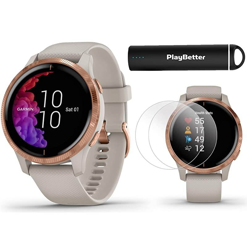 Garmin Venu (Light Sand/Rose Gold) Power Bundle | +HD Screen Protectors (x4) &  Portable Charger | AMOLED Display, Spotify | Fitness GPS Smartwatch