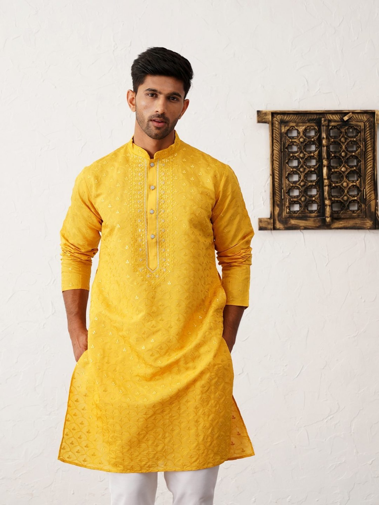 Jompers Yellow & White Regular Fit Embroidered Kurta Bottom Set