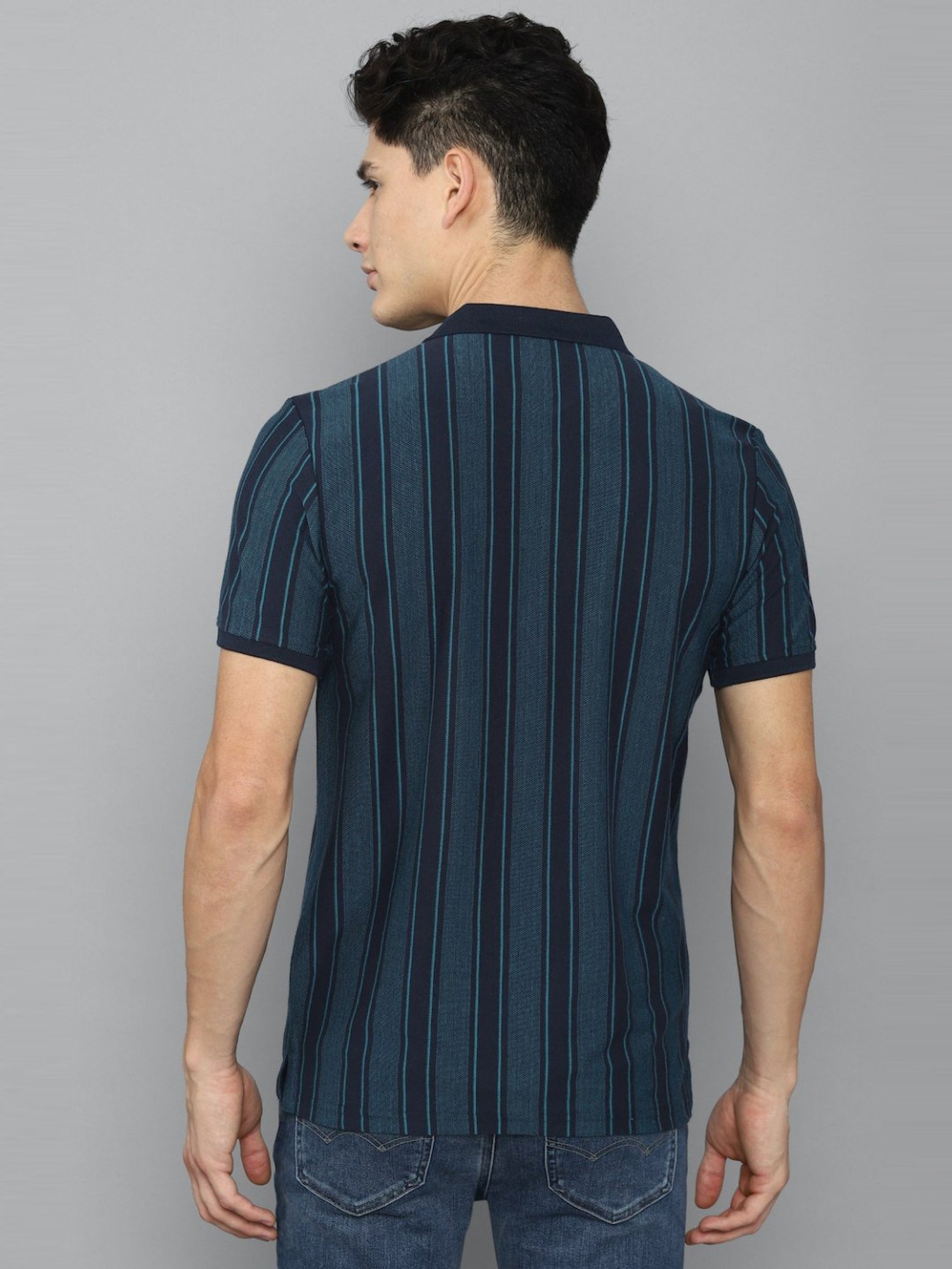 Louis Philippe Sport Dark Blue Cotton Slim Fit Striped Polo T-Shirt