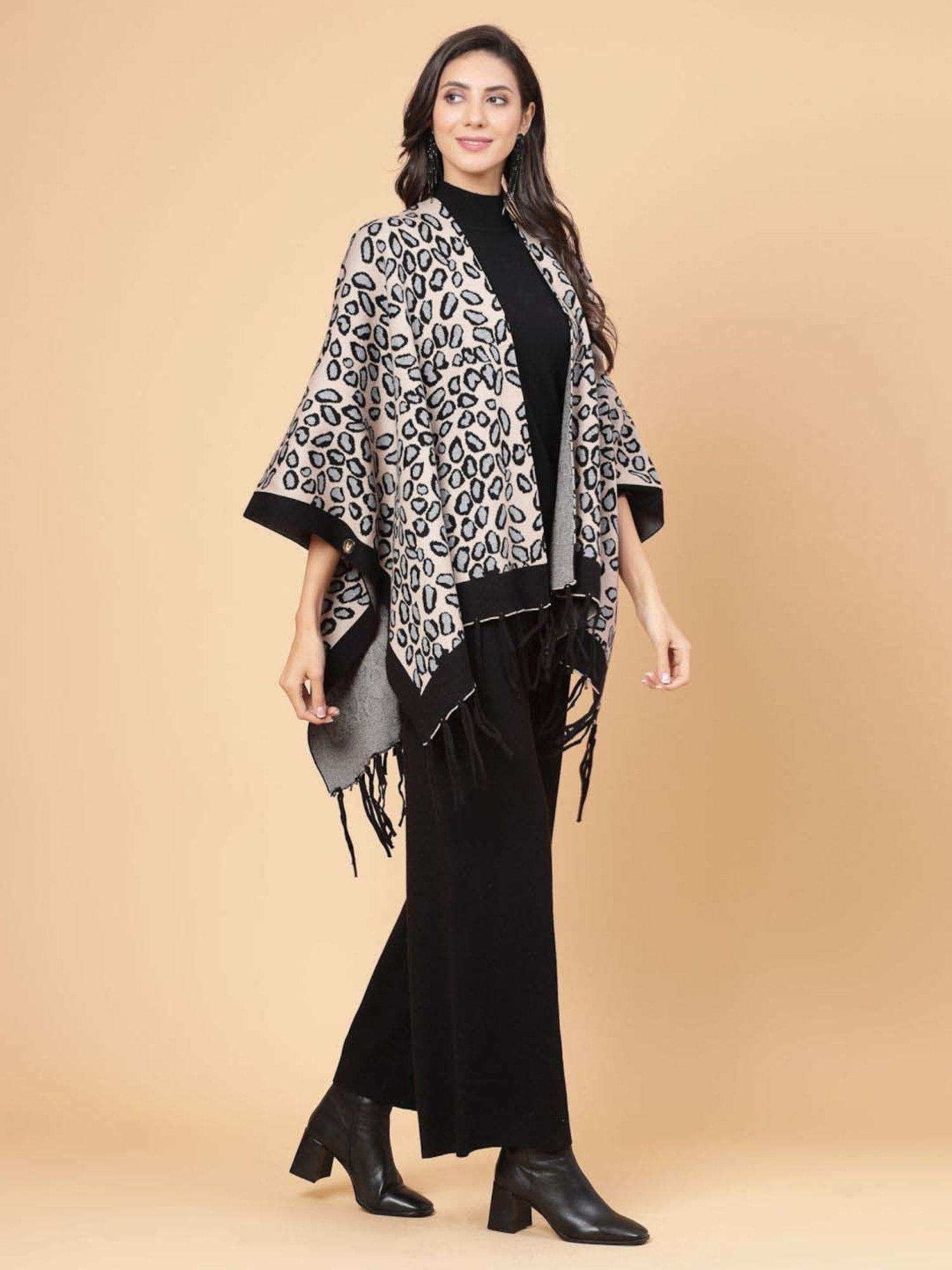 Mafadeny Beige & Black Printed Top Pants Set With Shrug