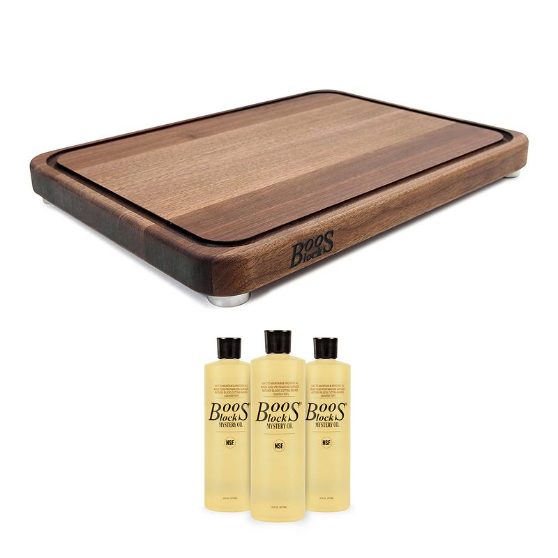 John Boos Walnut Wood Tenmoku Kitchen 20 x 15 x 1.5 Inches Cutting Board with Juice Groove and Stainless Steel Feet and 3 Piece Maintenance Oil Set