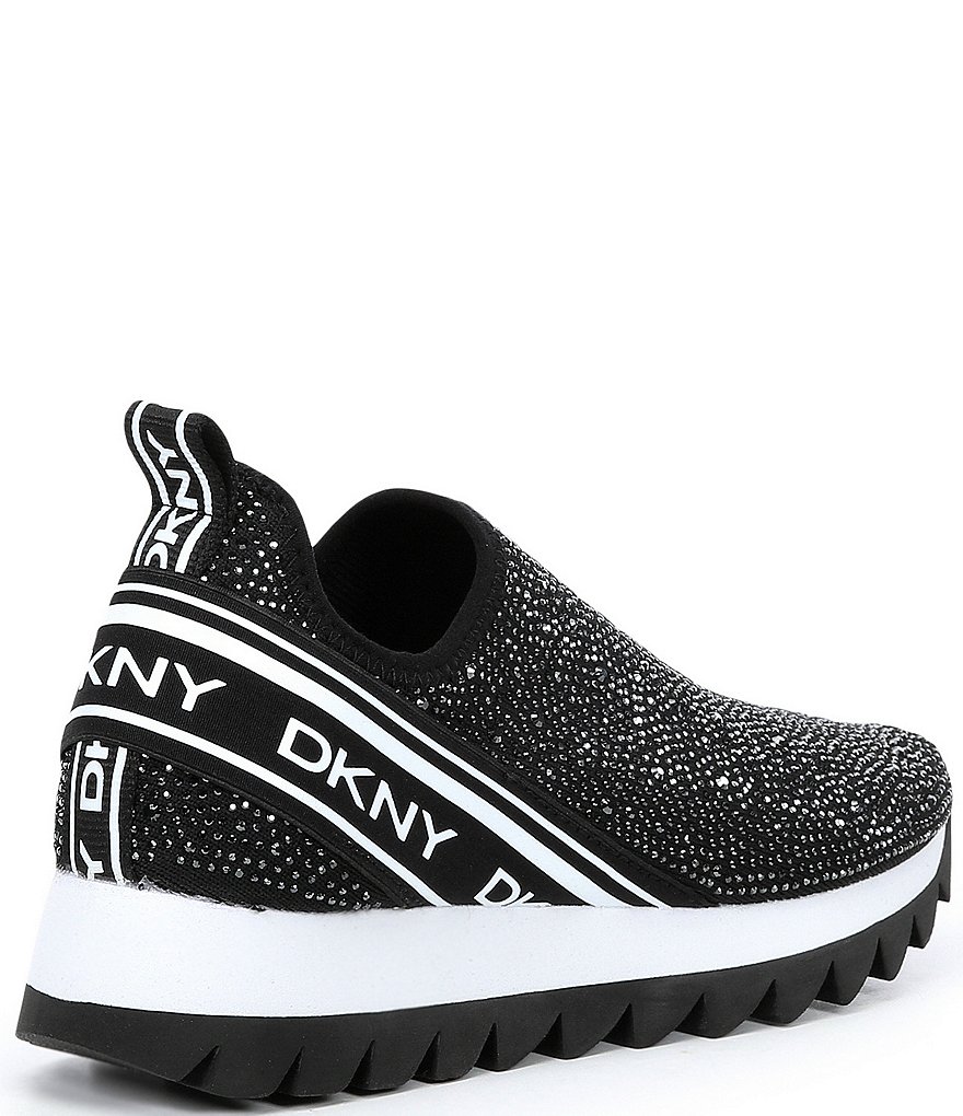 DKNY Annie Rhinestone Logo Knit Slip-On Wedge Sneakers