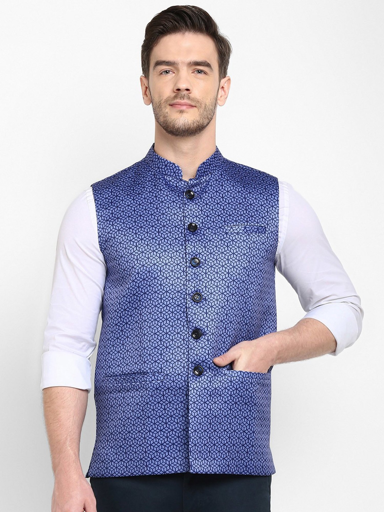 Hangup Plus Indigo Regular Fit Printed Nehru Jacket
