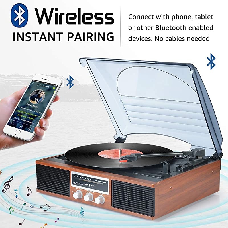 Player Bluetooth Turntable with Stereo Speakers Portable BeltDriven Nostalgic LP Vinyl Player with FM Stereo Radio Line Output