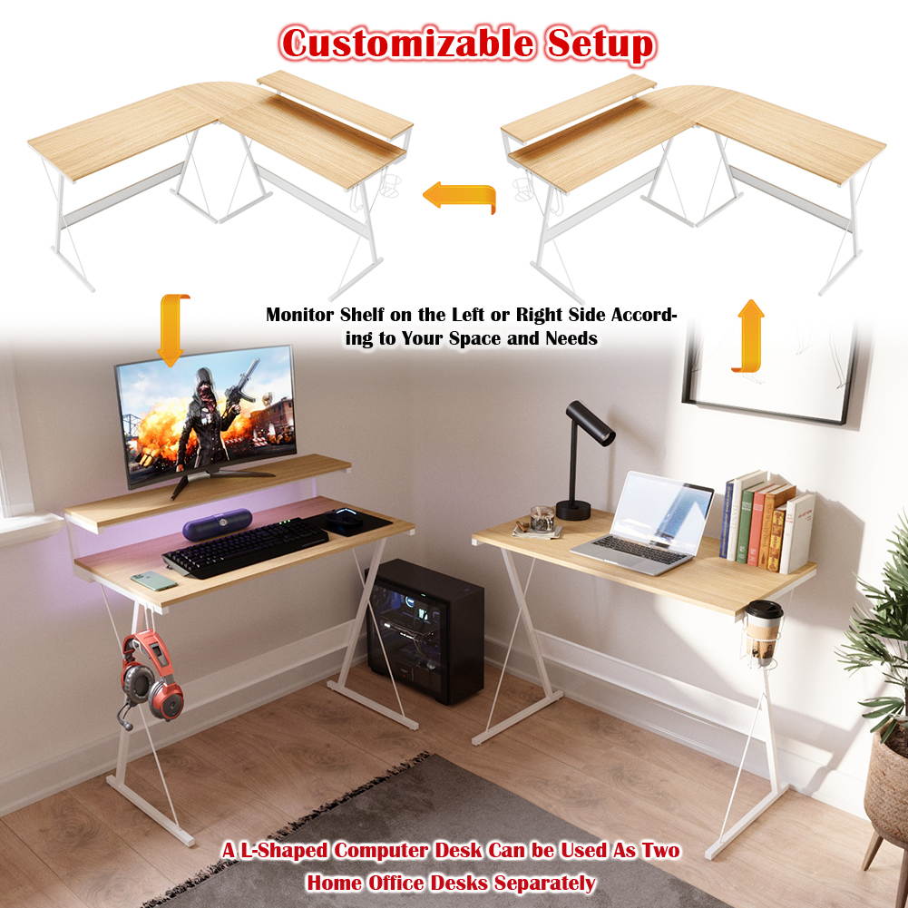 Bestier 55.2" Gaming Desk Racing Style PC Computer Desk L-Shaped Desk Corner Home Office Table with Ergonomic Monitor Stand & RGB Strip Light & Multifunctional Hook (Black Carbon Fiber)