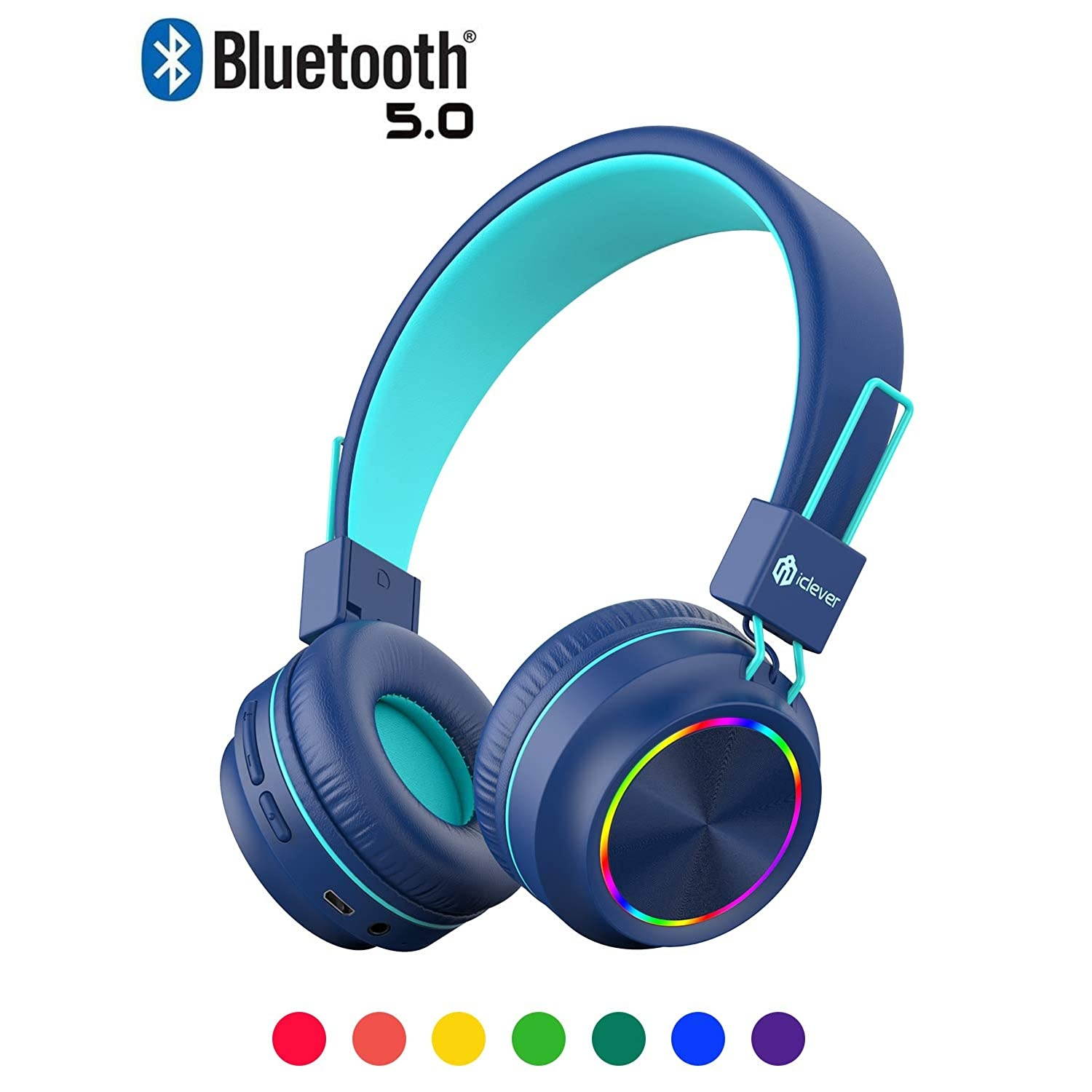 iClever BTH03 Kids Wireless Headphones, Colorful LED Lights Kids Headphones with MIC, 25H Playtime, Stereo Sound, Bluetooth 5.0, Foldable, Childrens Headphones on Ear for Study Tablet Airplane, Blue