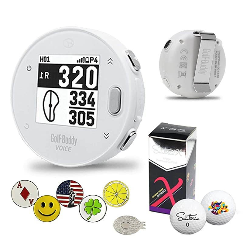 Voice X GPS/Rangefinder Bundle with 5 Ball Markers, 1 Magnetic Hat Clip and Saintnine 2 Ball Sleeve &hellip; (White)