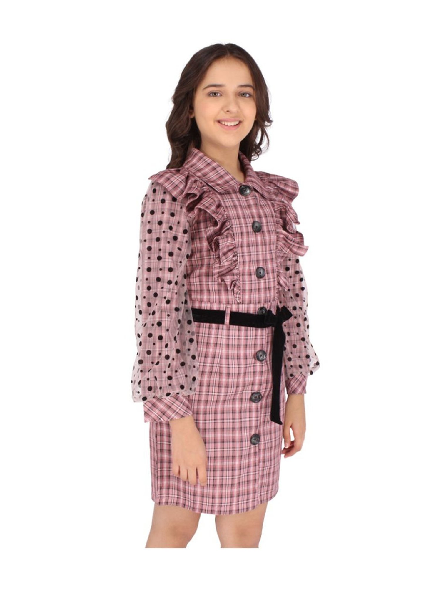 Cutecumber Kids Dusty Pink Chequered Full Sleeves Dress