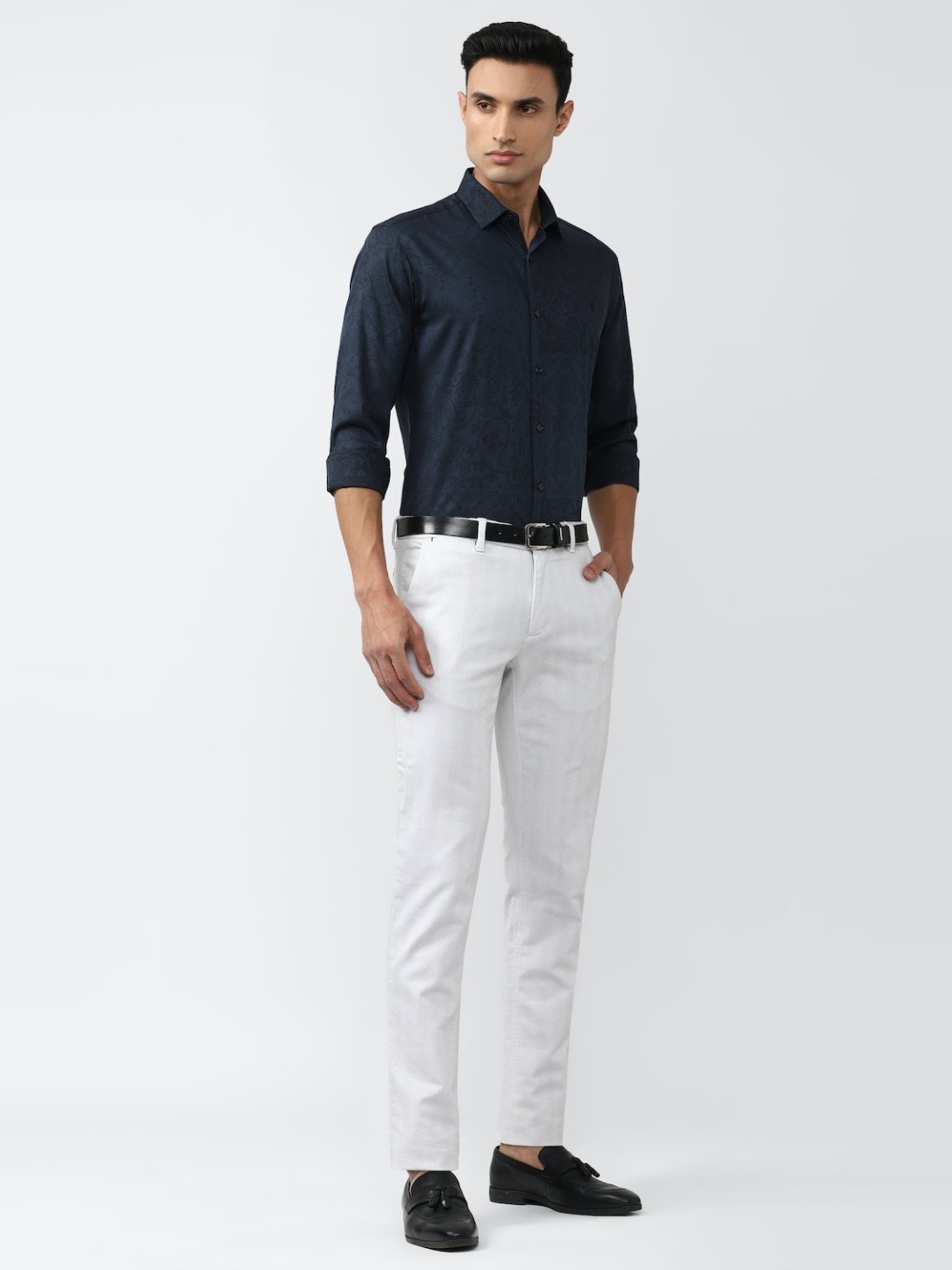 V Dot Navy Cotton Slim Fit Printed Shirt