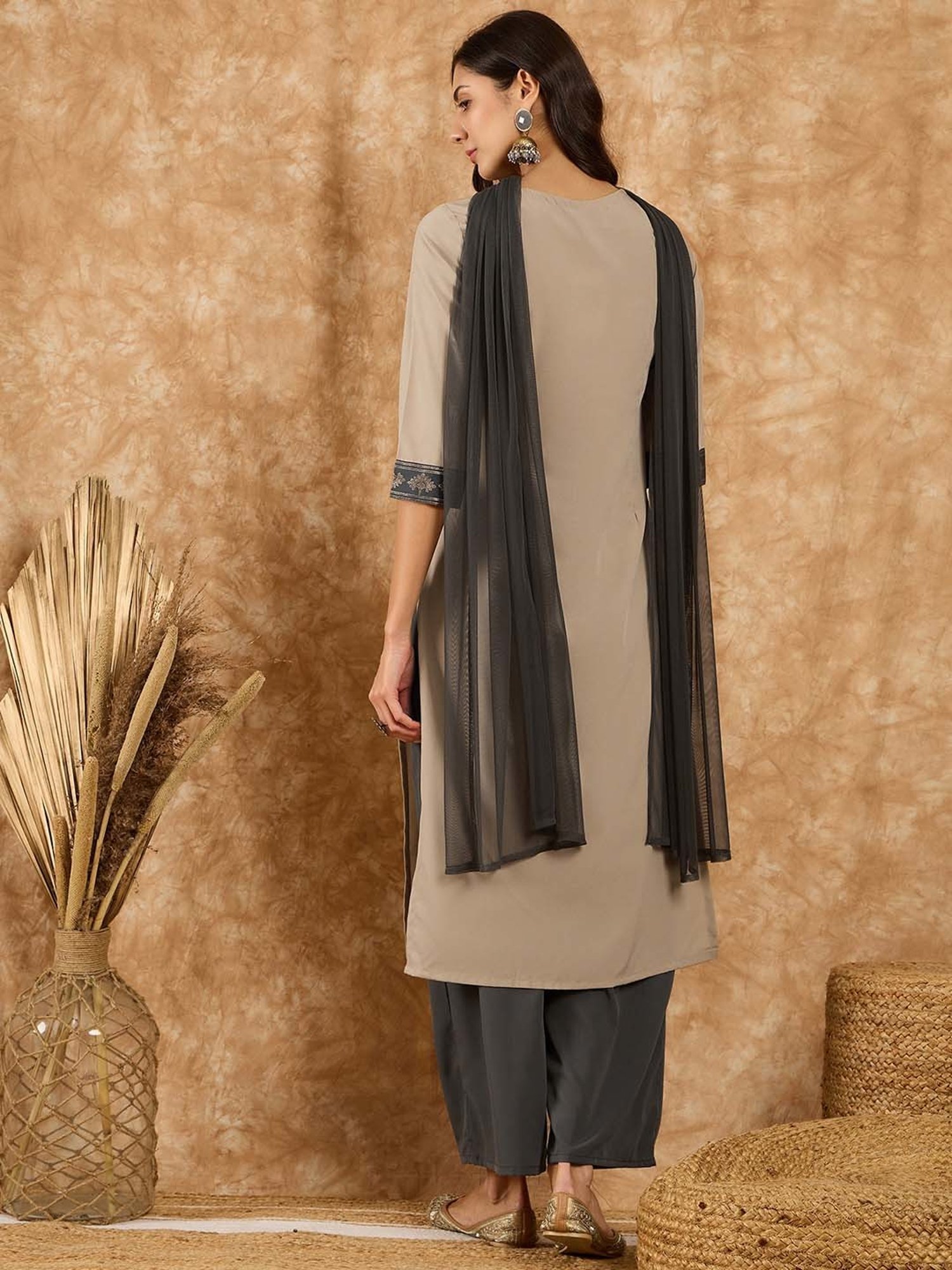 Ziyaa Beige & Grey Printed Kurta With Palazzo & Dupatta