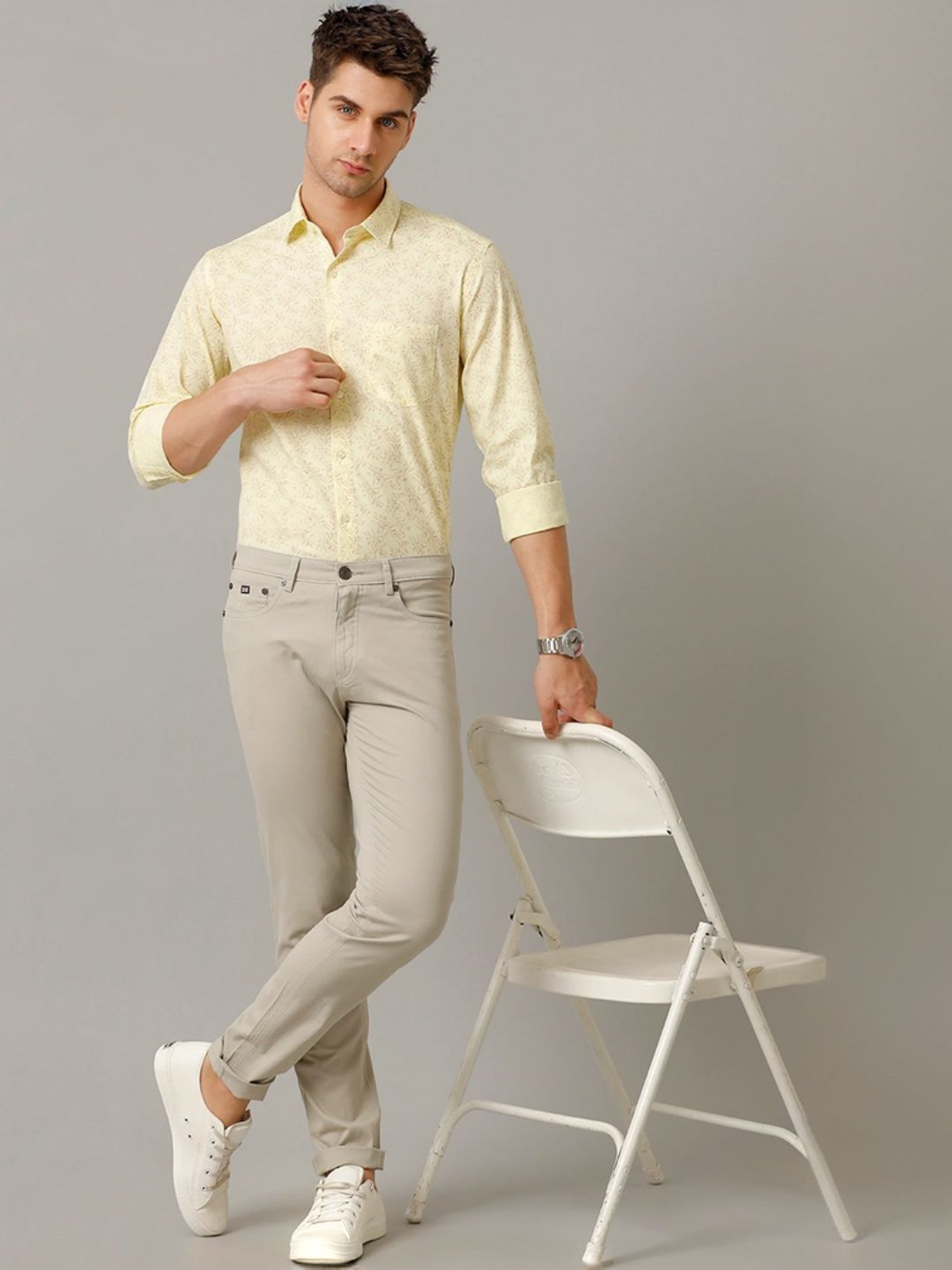 Cavallo By Linen Club Yellow Linen Contemporary Fit Printed Shirt