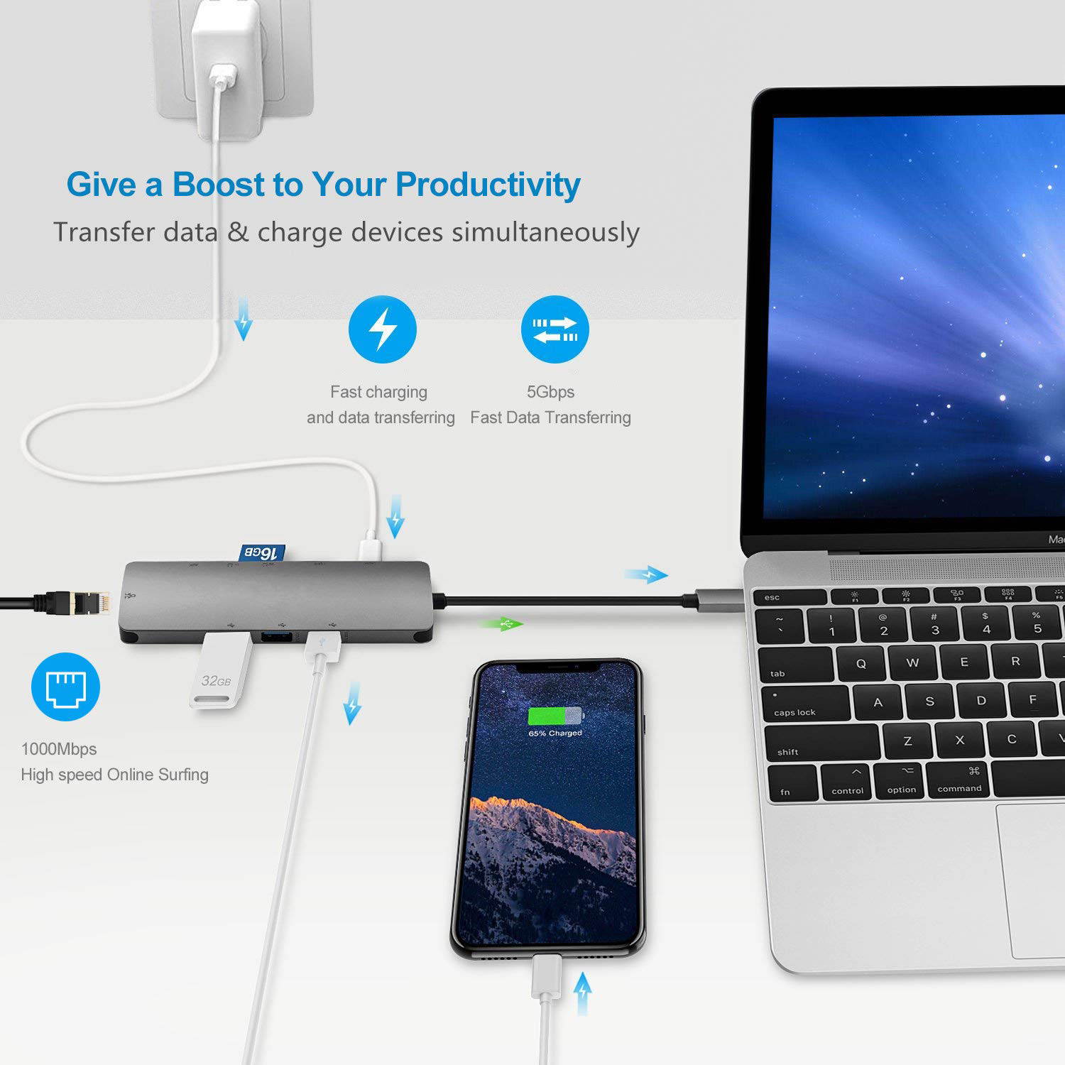 ESTONE USB C Hub 9 in 1 Aluminum Multiport Adapter With USB-C Charging, Port of Mic/Audio,3 USB 3.0 ports, HDMI, TF, MICro SD for Macbook Pro, Surface Pro,Notebook PC, USB Flash Drives and More