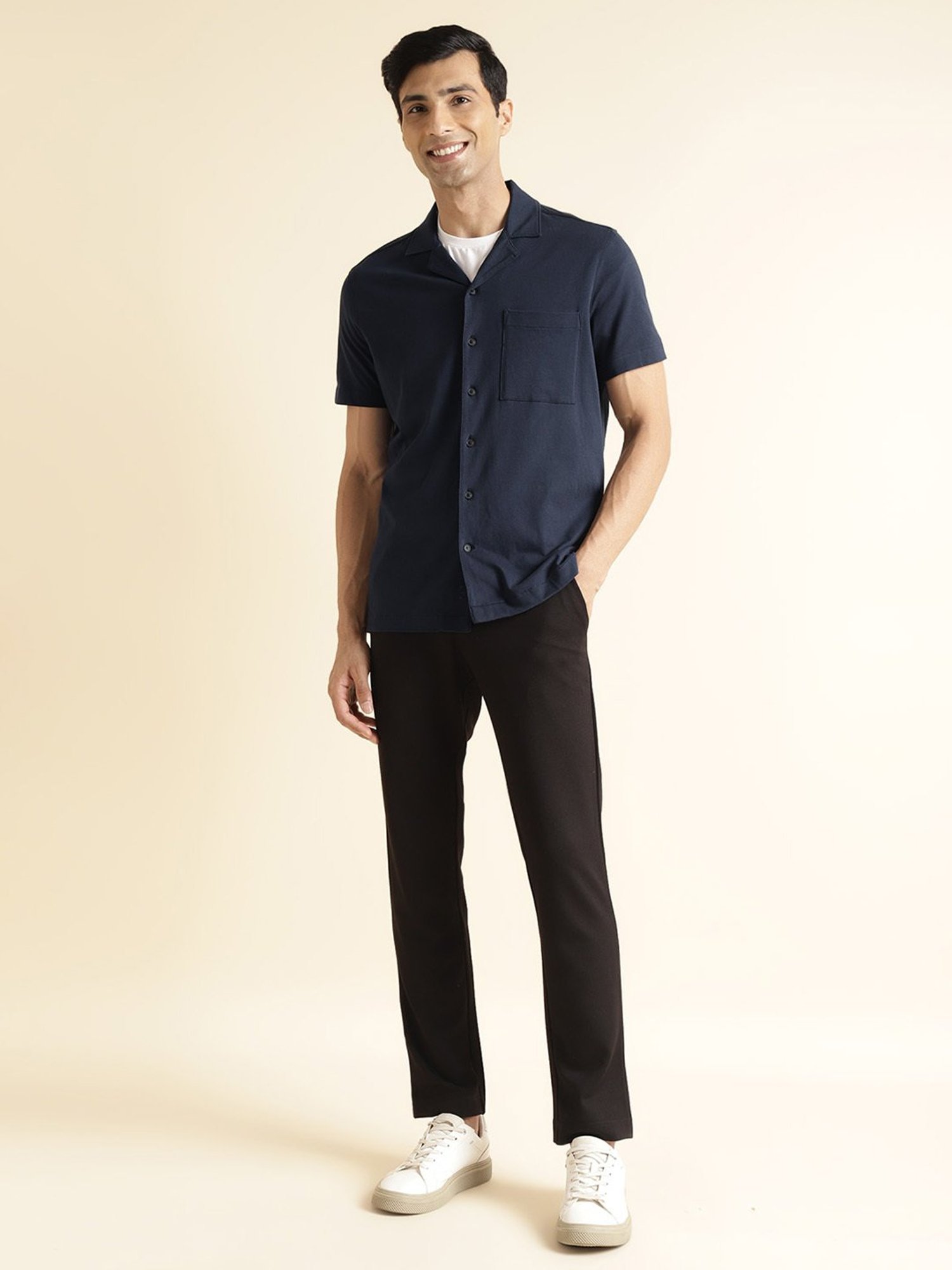 ANDAMEN Navy Regular Fit Cotton Shirt