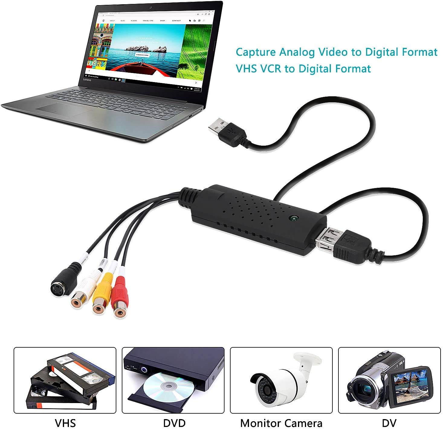 Hannord USB Video Capture Converter, Digitize and Edit Video, VCR VHS to DVD, Analog Video to Digital PC for Windows 7 8 10