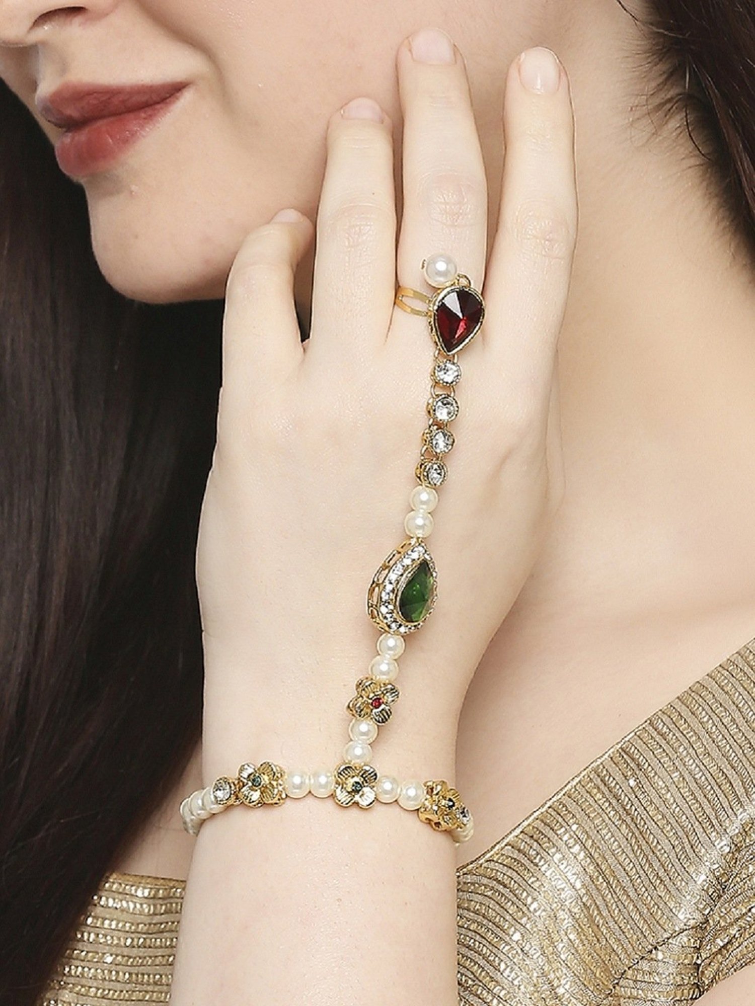 Oomph Red & Green Stones & Kundan Ethnic Statement Hand Harness