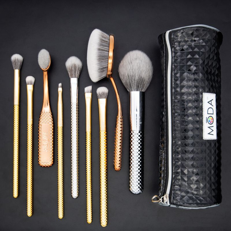 MODA Brush Metallics 10pc Deluxe Gift Makeup Brush Set with Black Studded Zip Case