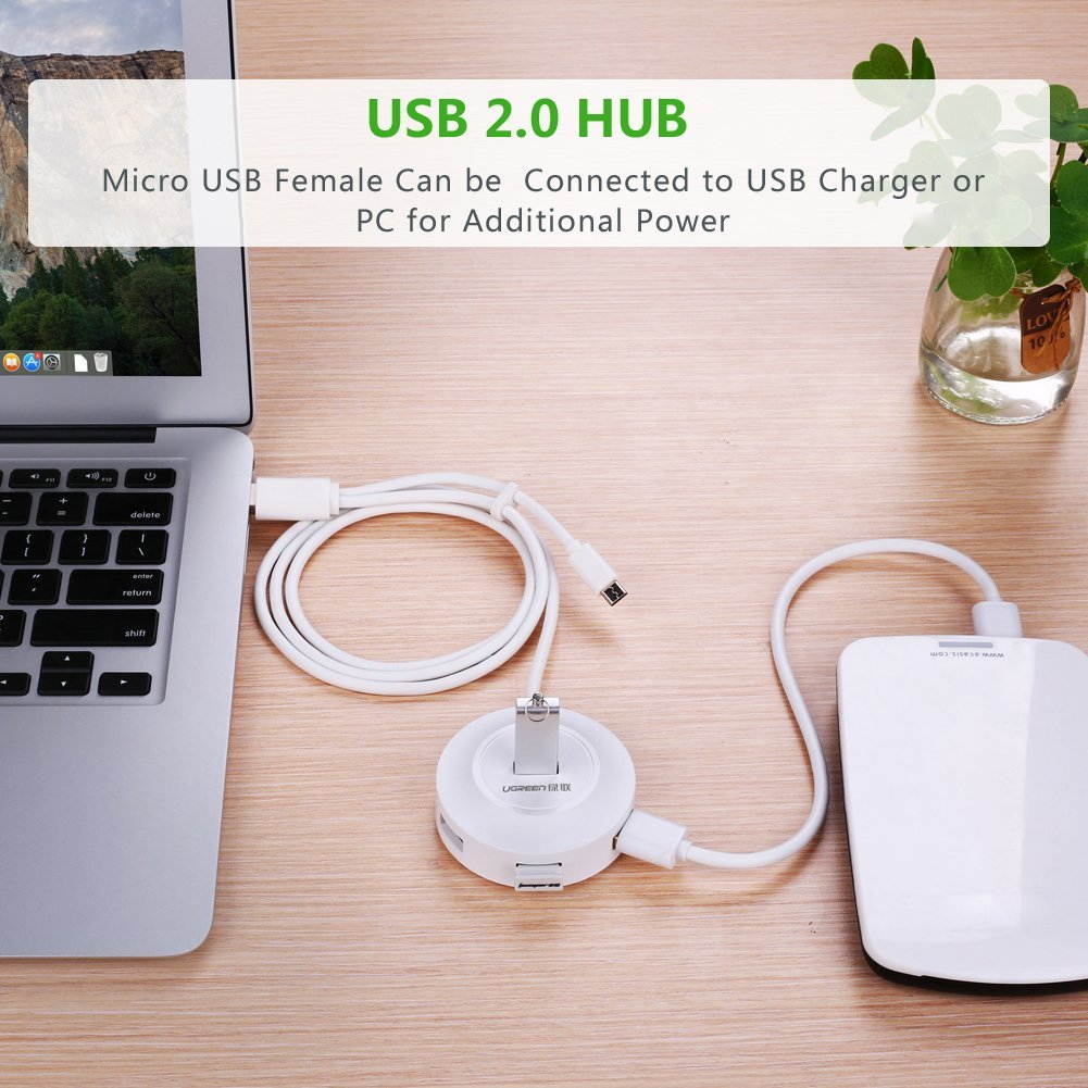 UGREEN Micro USB Hub OTG Adapter with USB 2.0 4-Port for OTG Android Phone and Tablet, MacBook Air, Surface, Ultrabook, PC and Laptop (White)