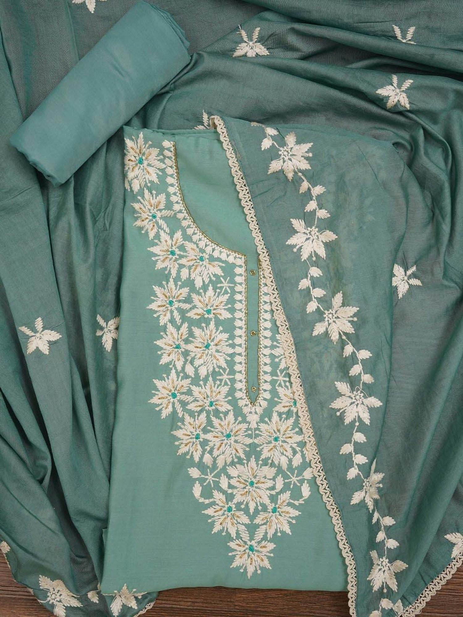 Jaipur Kurti Green Embroidered Unstitched Dress Material