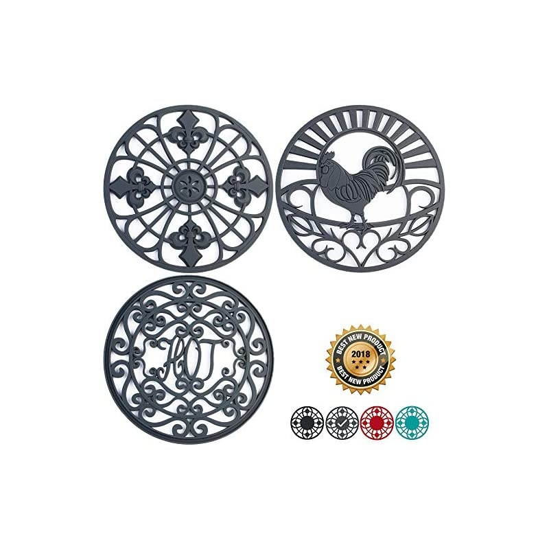Trivet Set for Hot Dishes, Pots & Pans. These Modern Kitchen Hot Pads Come in 3 Different Country Decor Designs That Mimics Vintage Cast Iron Trivets. 7.5 inch Round, Set of 3, Dark Gray